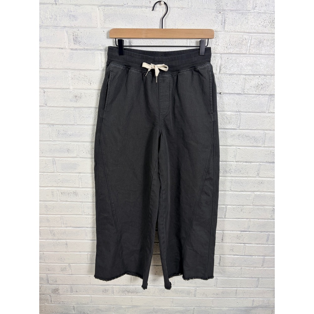 Aerie Wide Leg Pull On Pants Womens S Short Black Raw Drawstring Pockets Stretch